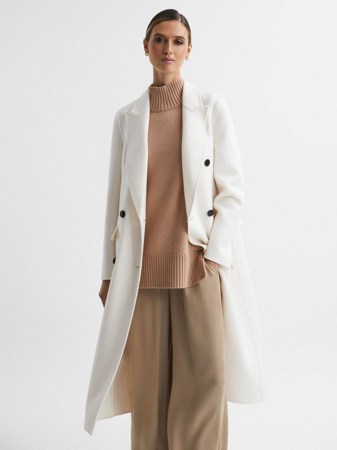 Women Petite Relaxed Wool Blend Blindseam Belted Coat in Cream