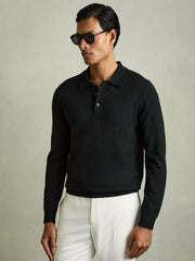 Men Merino Wool Polo Shirt in Black