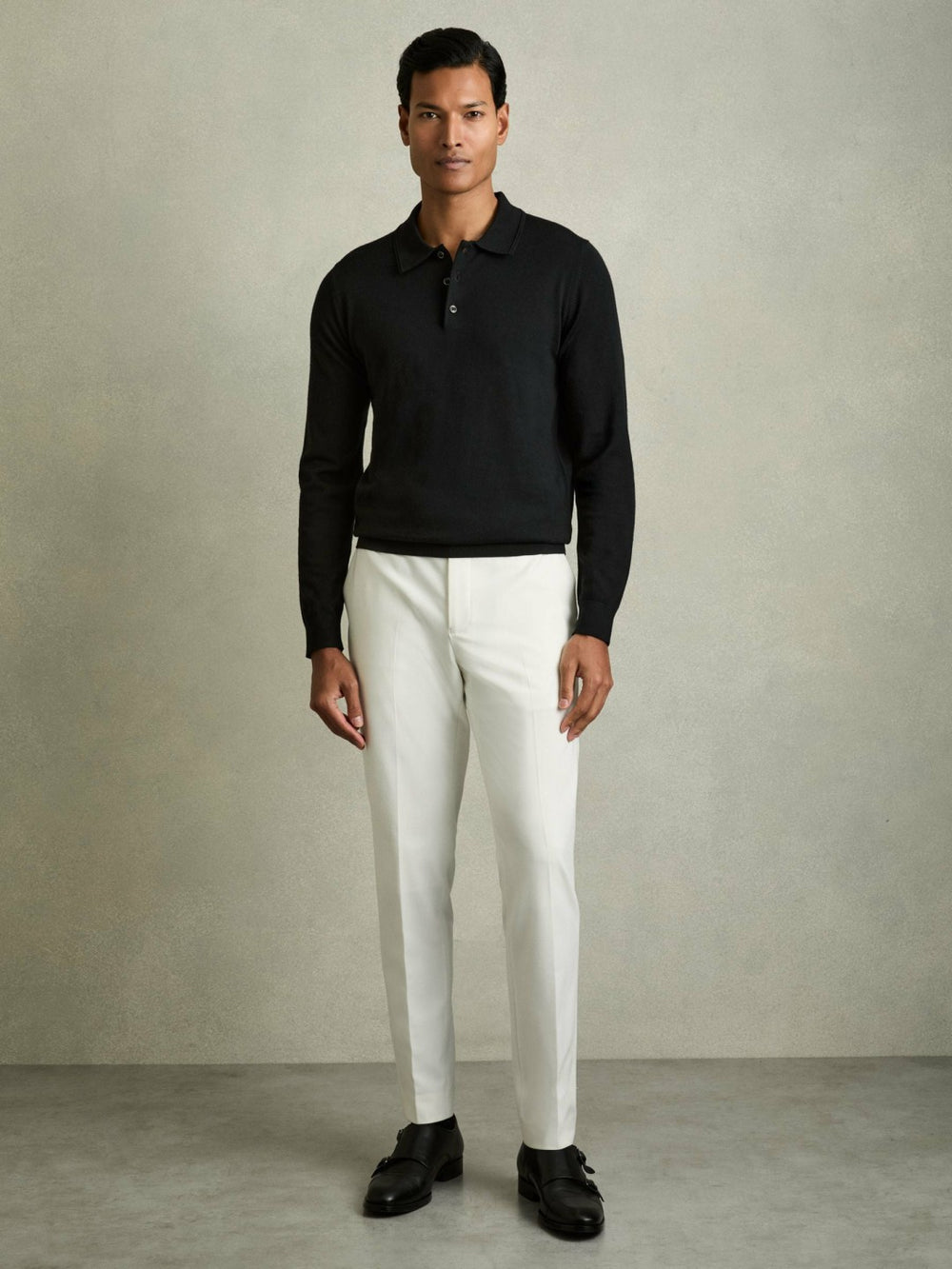 Men Merino Wool Polo Shirt in Black