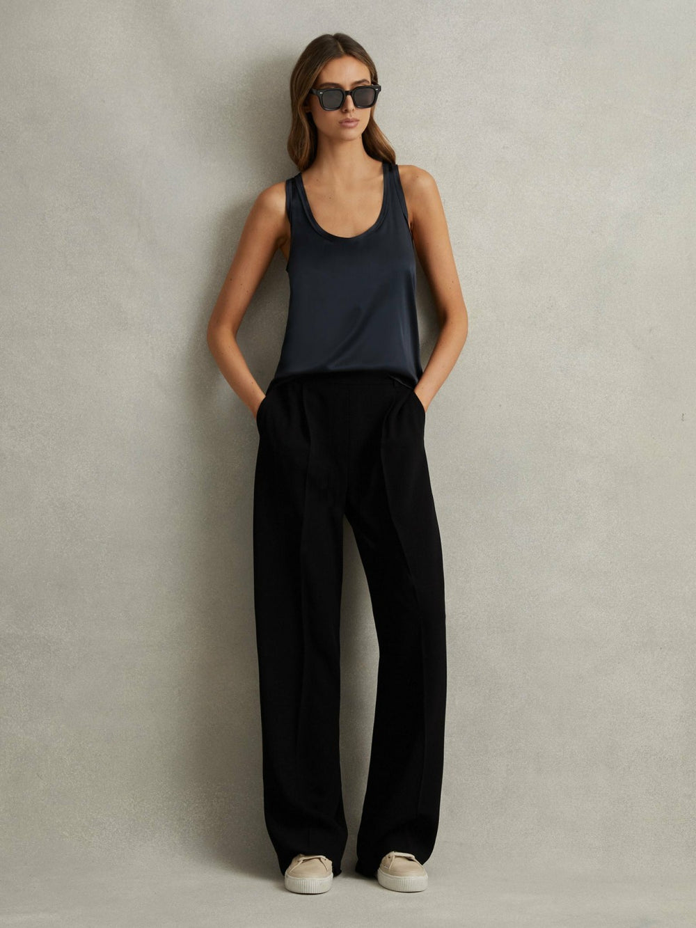 Women Petite Half-Elasticated Wide Leg Trousers in Black