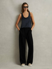 Women Petite Half-Elasticated Wide Leg Trousers in Black