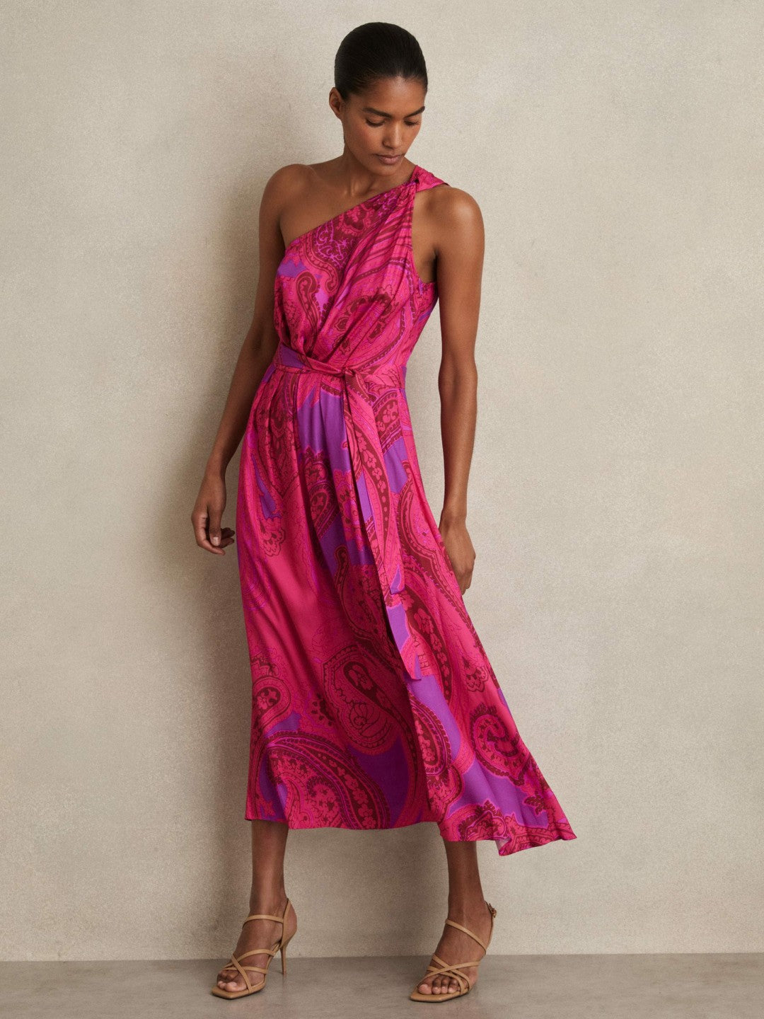 Women Paisley-Print One-Shoulder Midi Dress in Pink