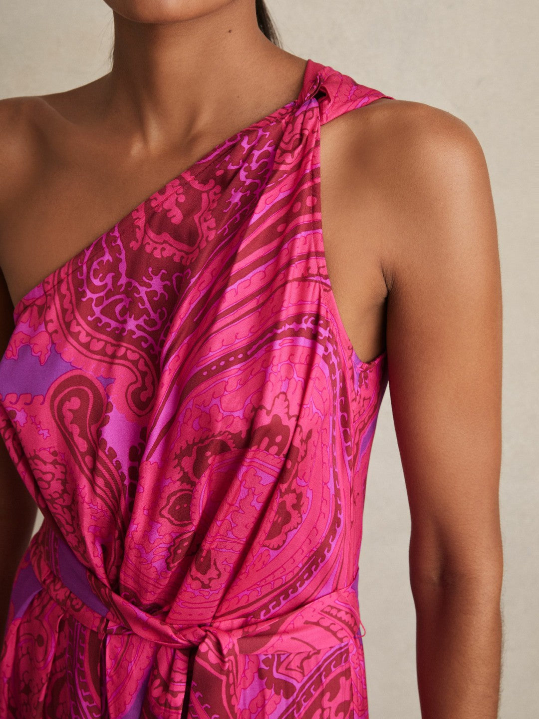 Women Paisley-Print One-Shoulder Midi Dress in Pink