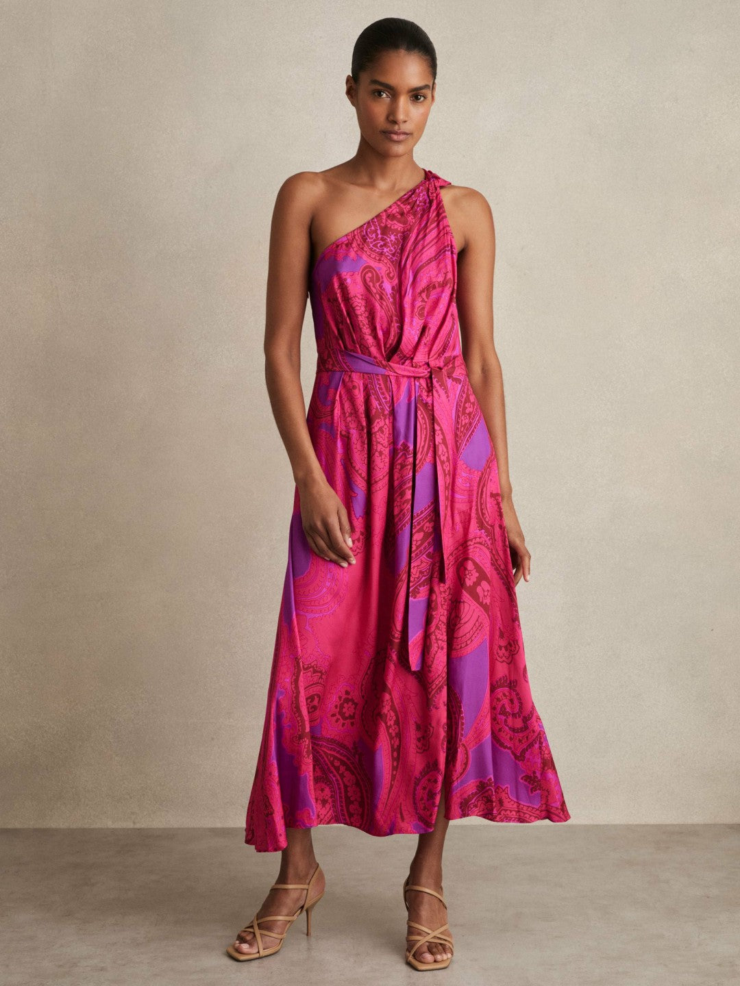 Women Paisley-Print One-Shoulder Midi Dress in Pink