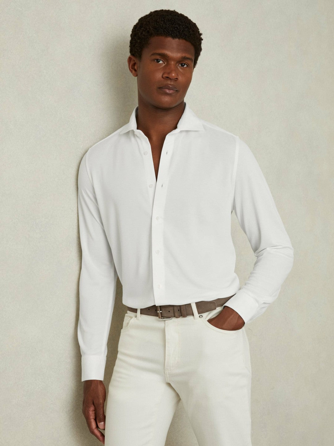 Men Modal Blend Cutaway Collar Shirt in White