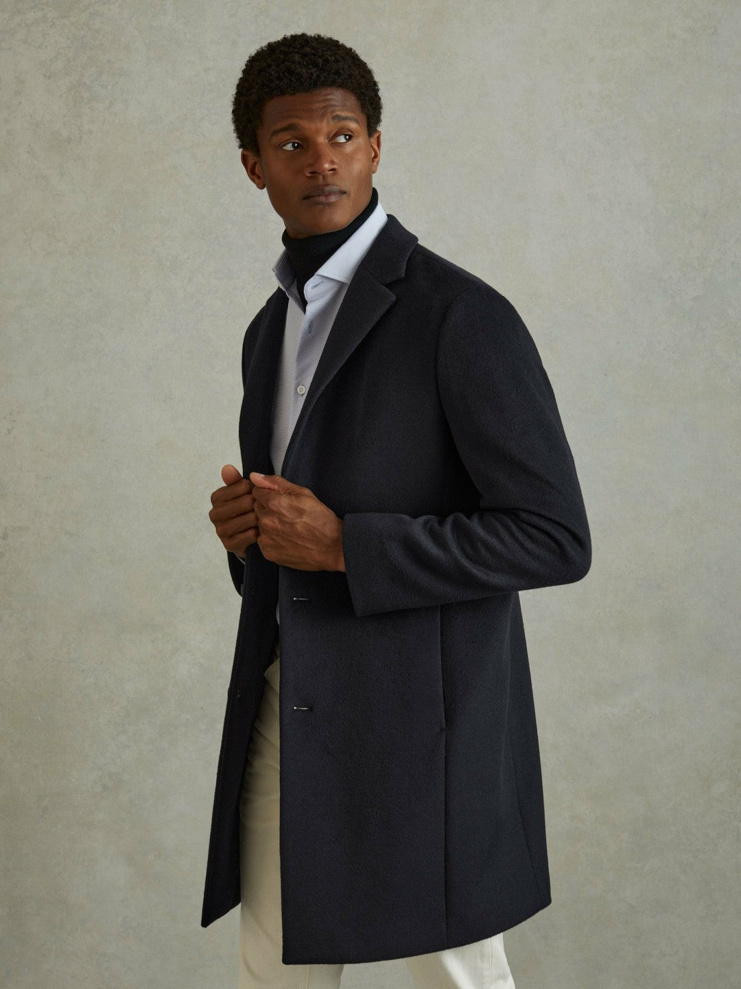 Men Wool Blend Single Breasted Epsom Overcoat in Navy