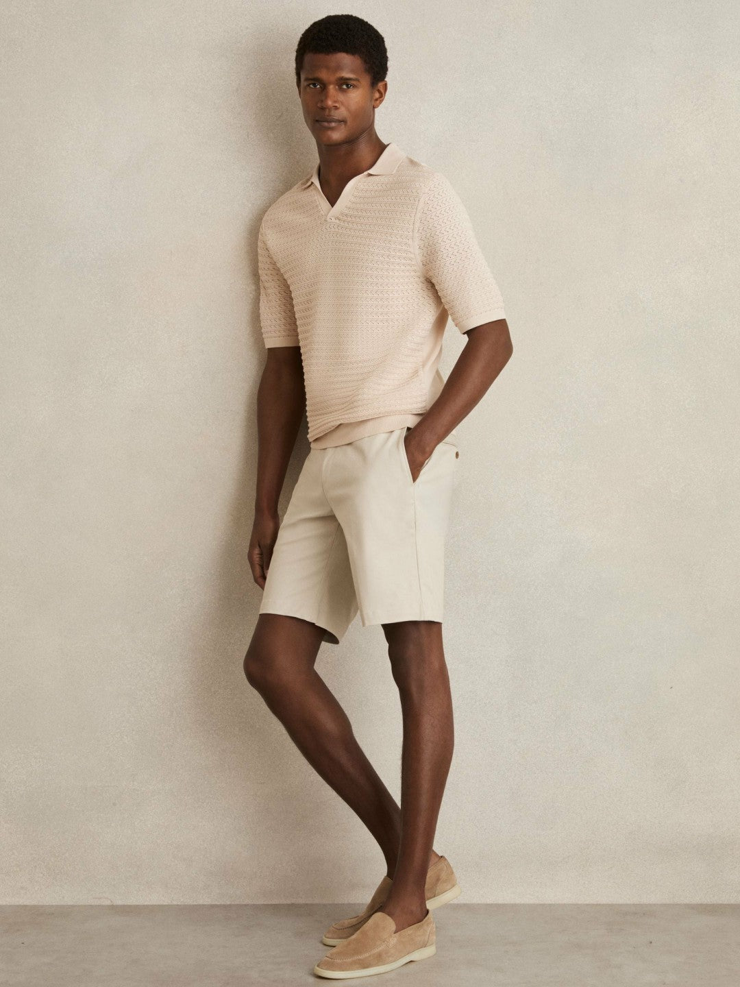 Men Pointelle Open-Collar Polo Shirt in Stone