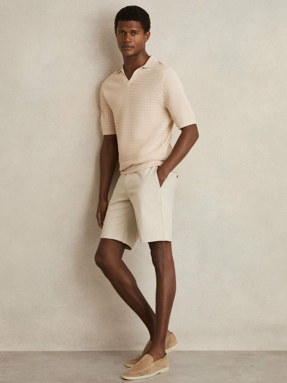 Men Pointelle Open-Collar Polo Shirt in Stone