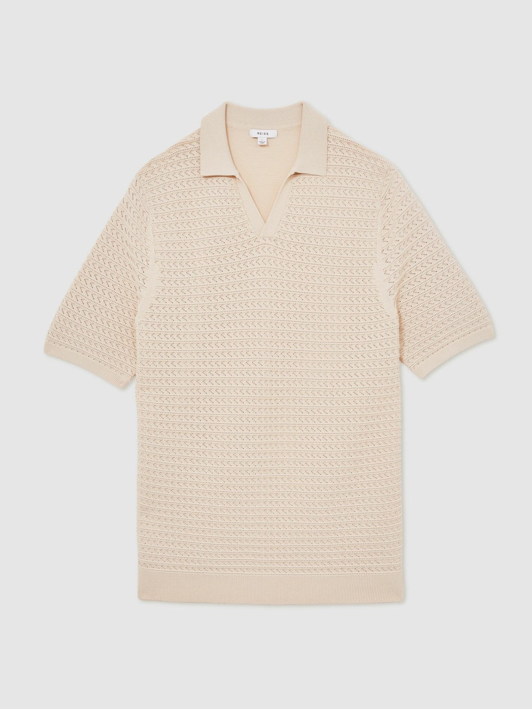 Men Pointelle Open-Collar Polo Shirt in Stone
