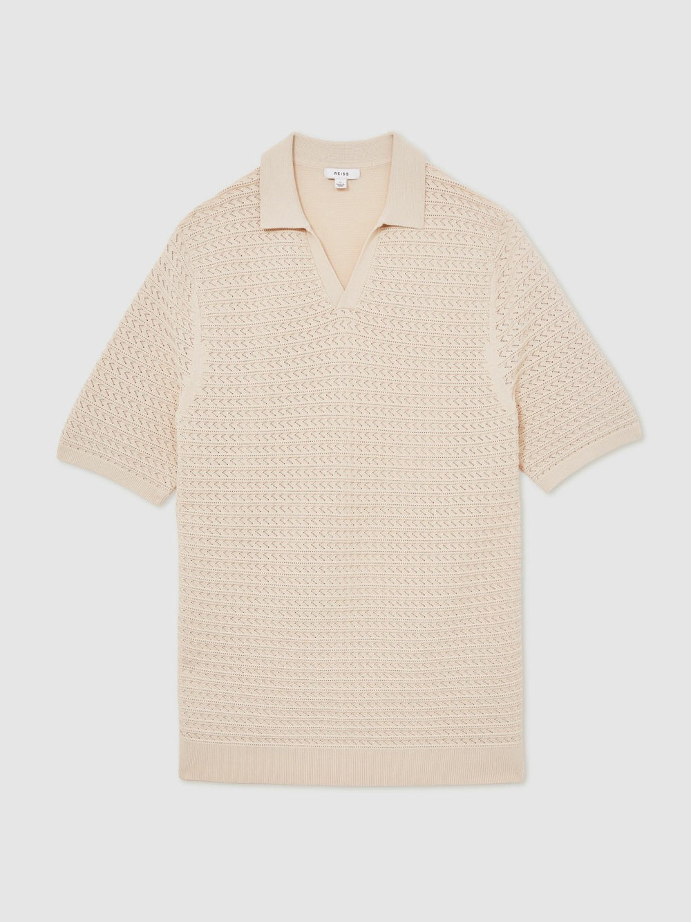 Men Pointelle Open-Collar Polo Shirt in Stone
