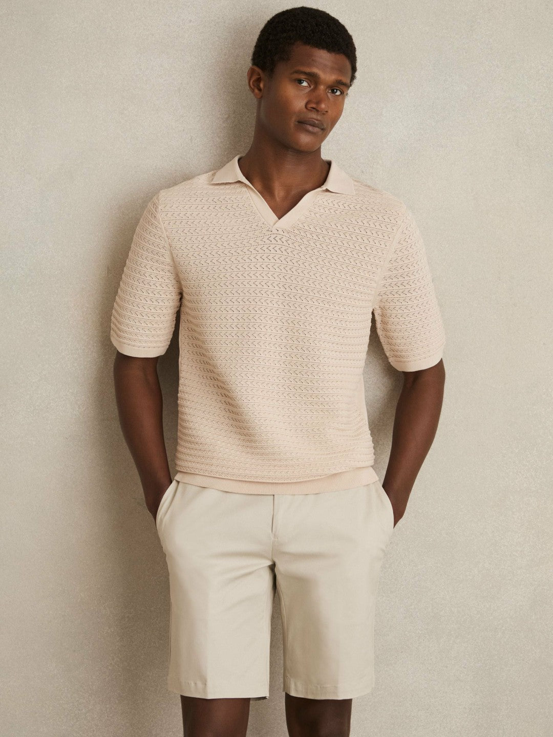 Men Pointelle Open-Collar Polo Shirt in Stone
