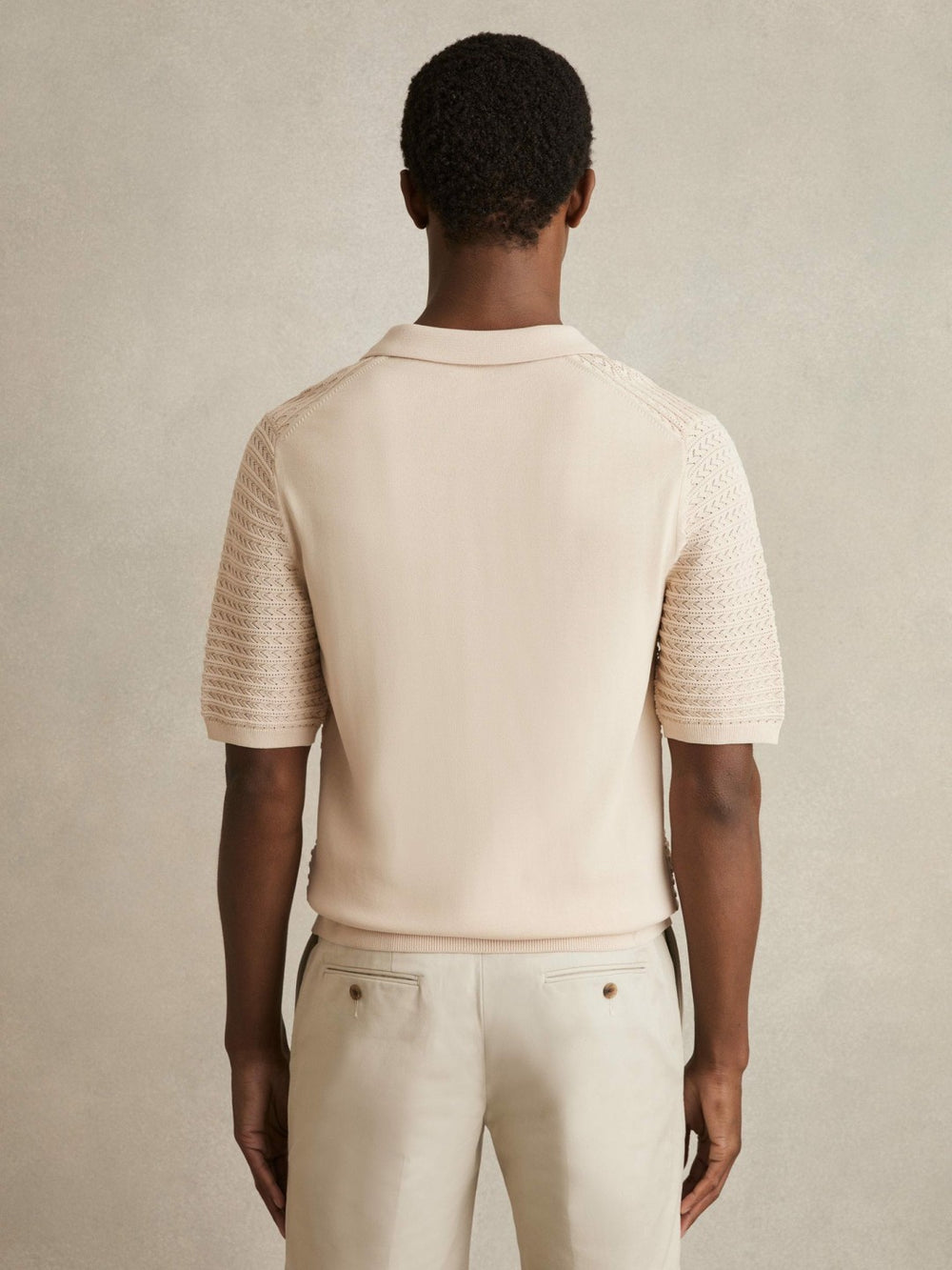 Men Pointelle Open-Collar Polo Shirt in Stone