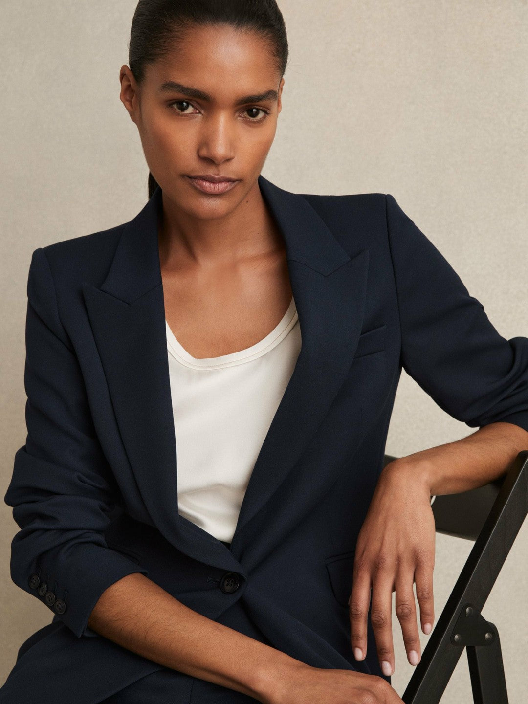 Women Petite Tailored Single Breasted Suit Blazer in Navy