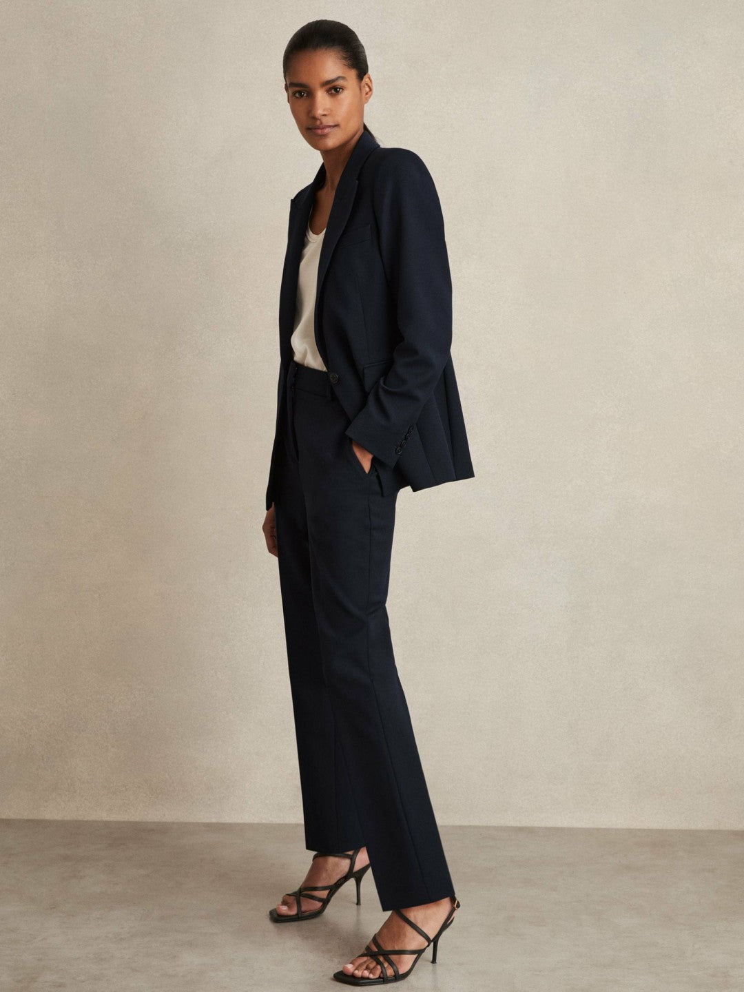Women Petite Tailored Single Breasted Suit Blazer in Navy
