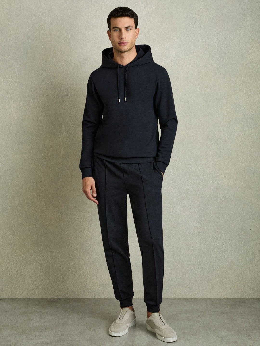 Men Interlock Jersey Drawstring Hoodie in Navy Blue