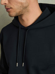 Men Interlock Jersey Drawstring Hoodie in Navy Blue