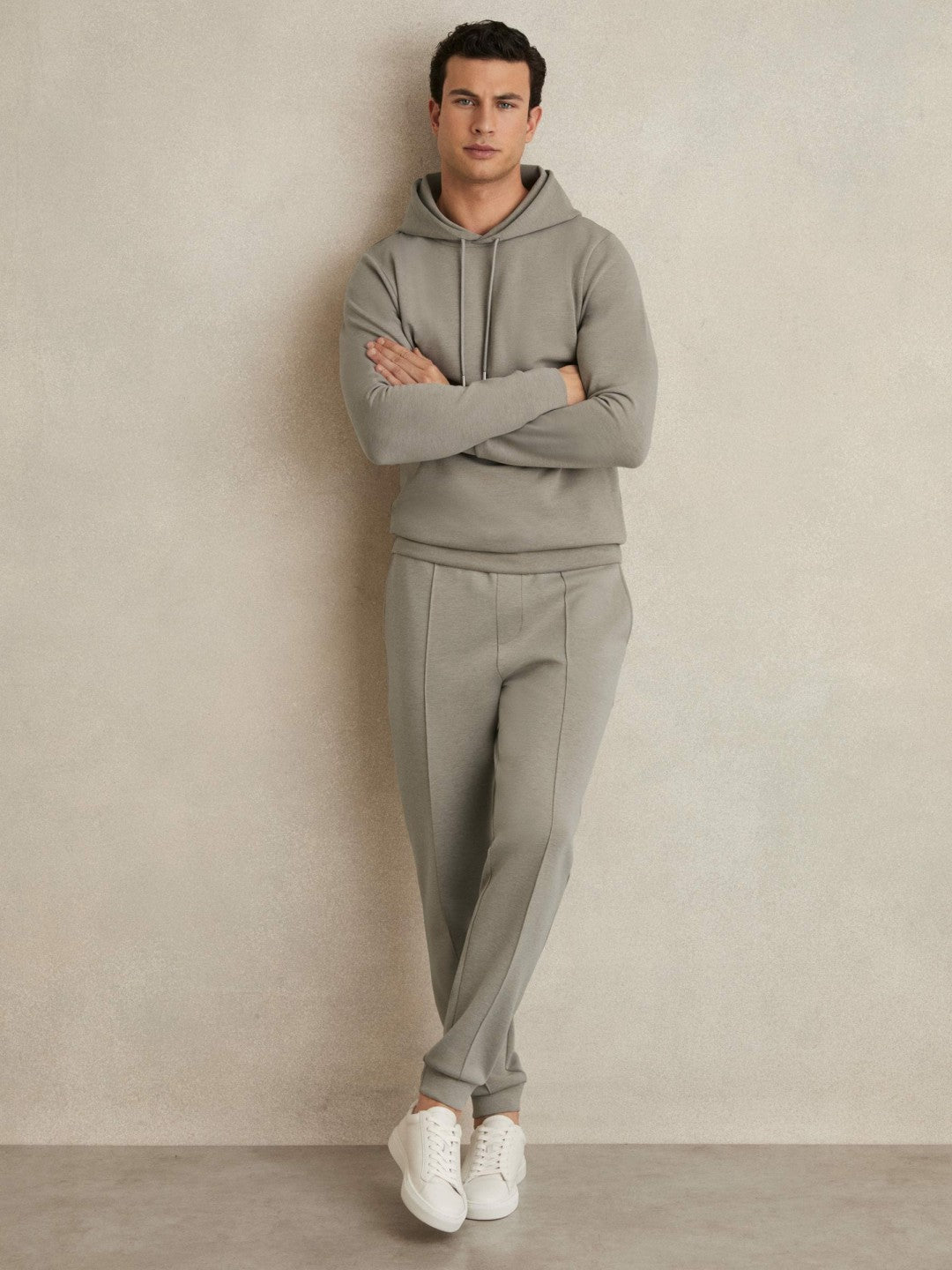 Men Interlock Jersey Drawstring Hoodie in Taupe