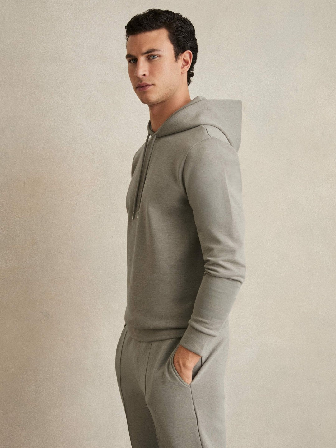 Men Interlock Jersey Drawstring Hoodie in Taupe