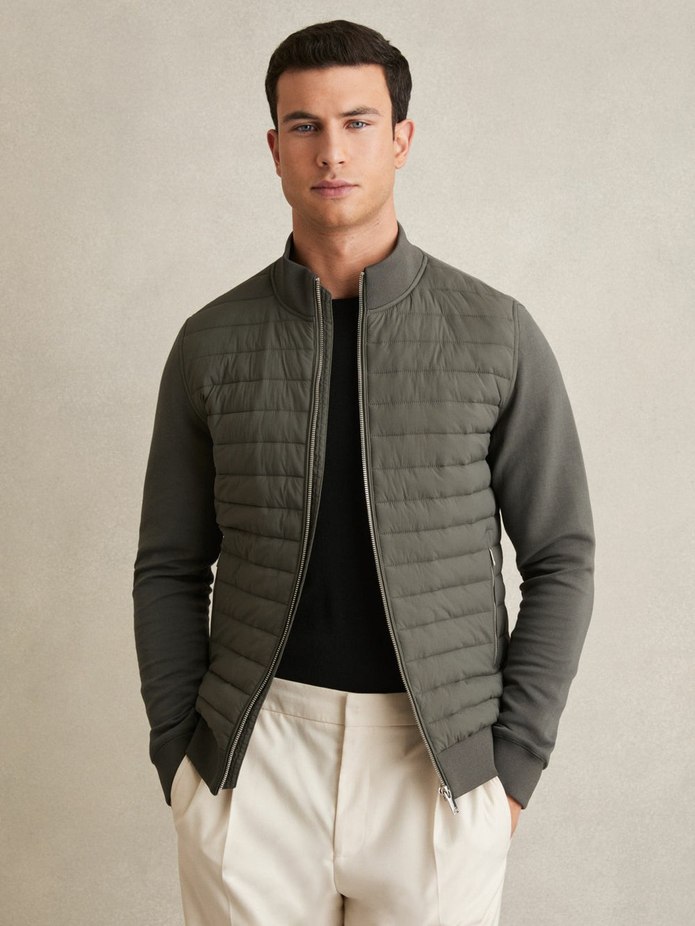 Men Hybrid Quilt and Knit Zip-Through Jacket in Sage