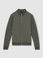 Men Hybrid Quilt and Knit Zip-Through Jacket in Sage