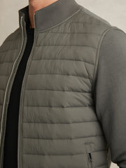 Men Hybrid Quilt and Knit Zip-Through Jacket in Sage