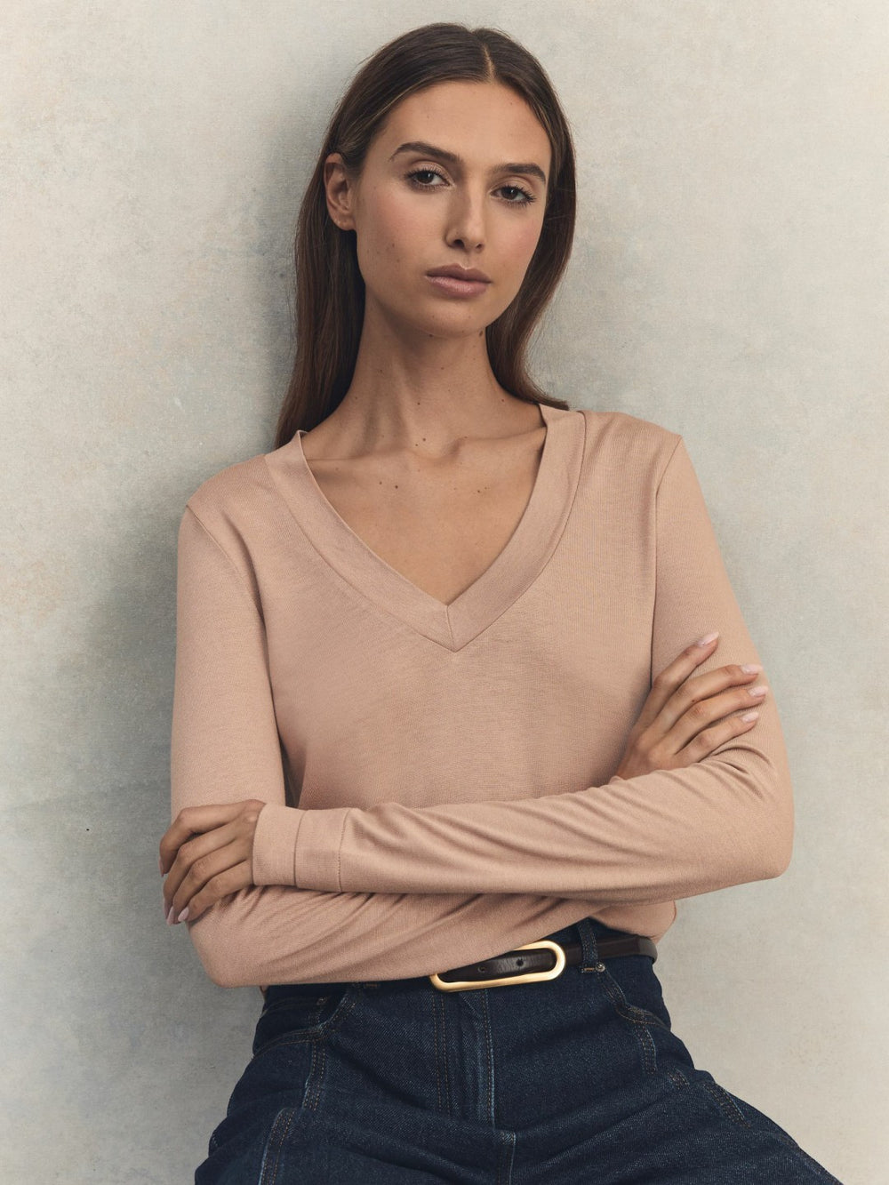 Women Jersey V-Neck Top in Camel