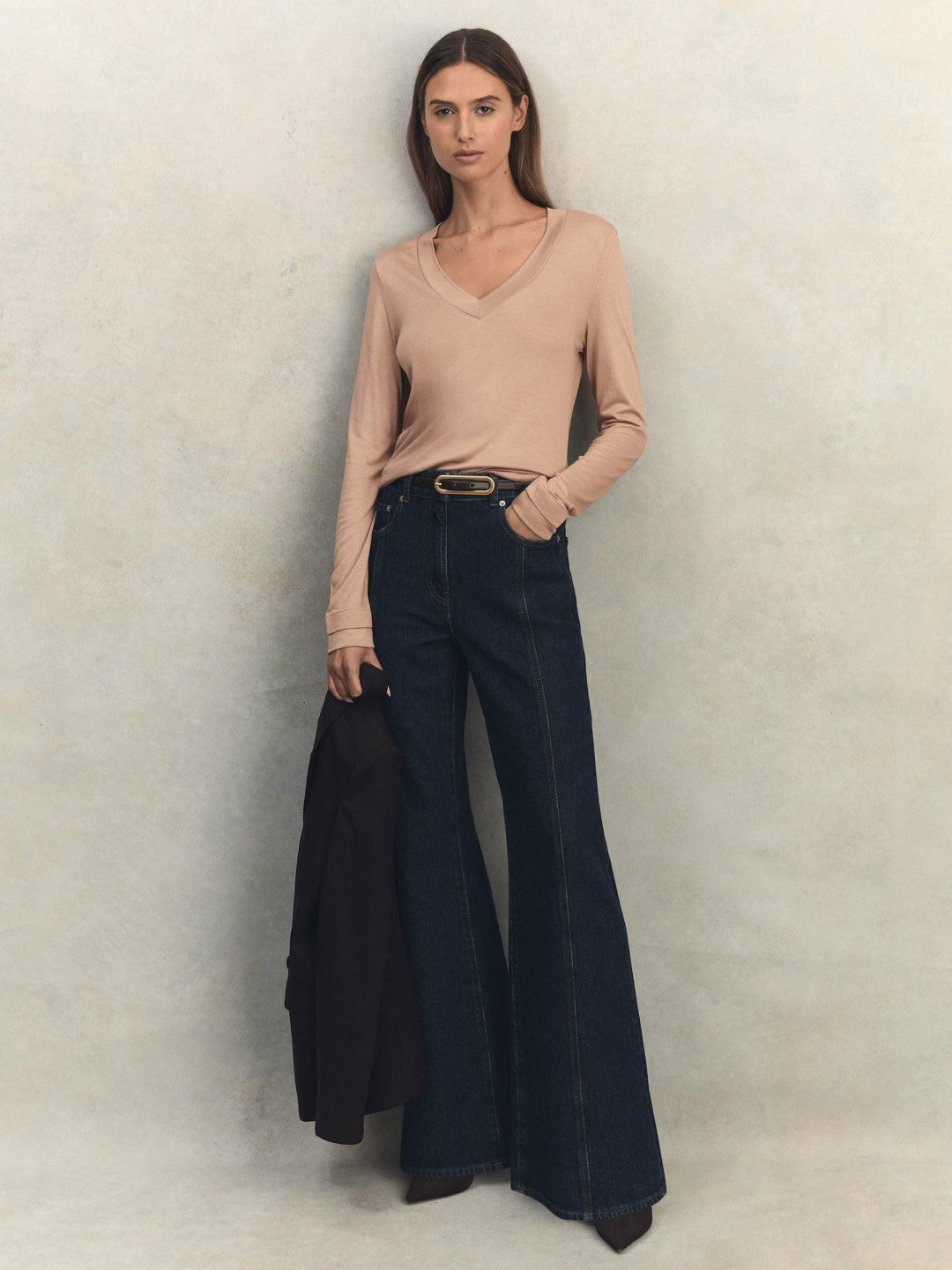 Women Jersey V-Neck Top in Camel