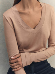 Women Jersey V-Neck Top in Camel