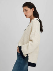 Women Wool Blend Open Collar Jumper in Cream/Navy