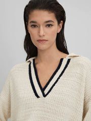Women Wool Blend Open Collar Jumper in Cream/Navy