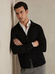 Men Merino Wool Button-Through Cardigan in Black