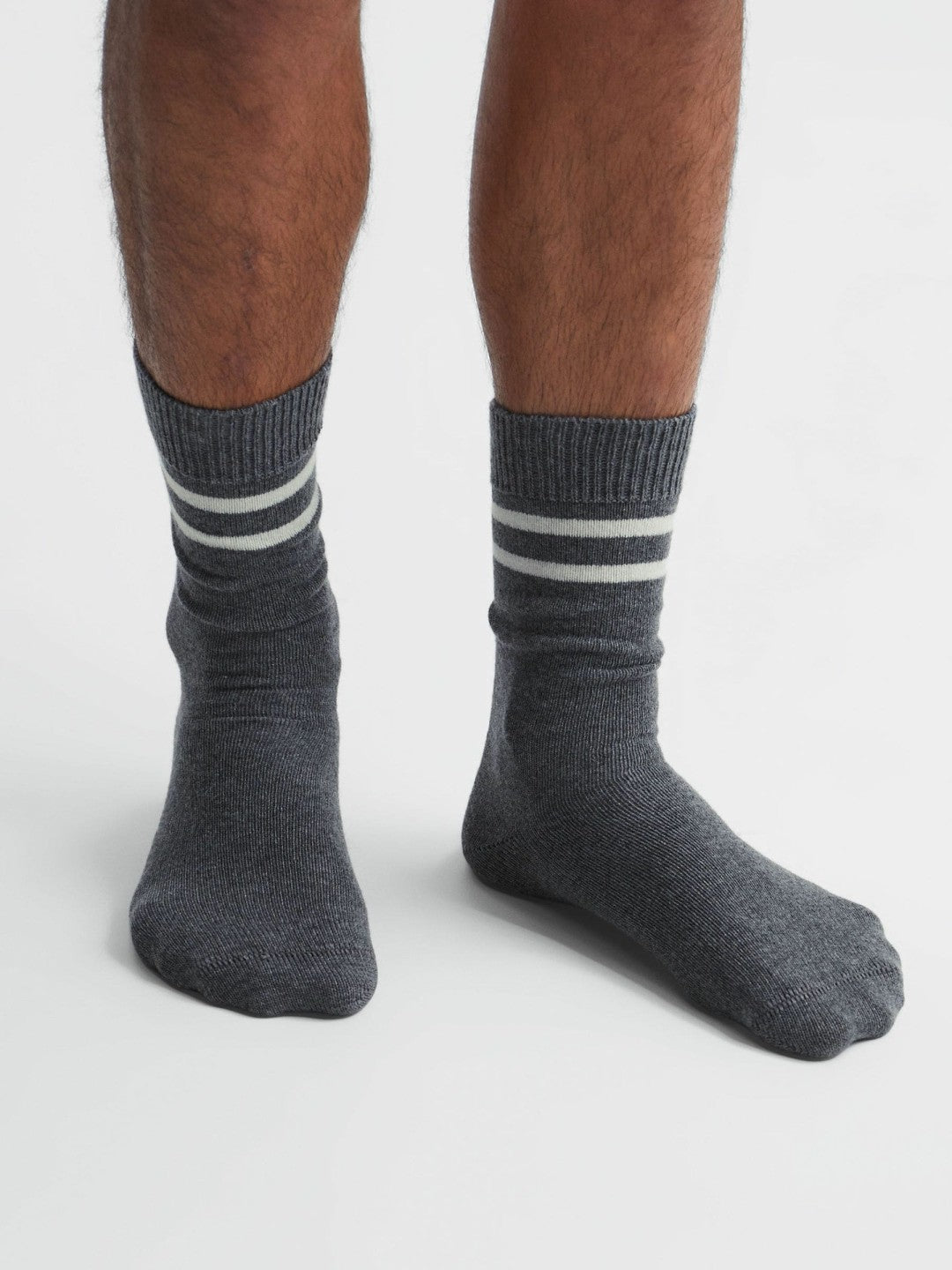 Men Wool Blend Striped Crew Socks in Grey Melange