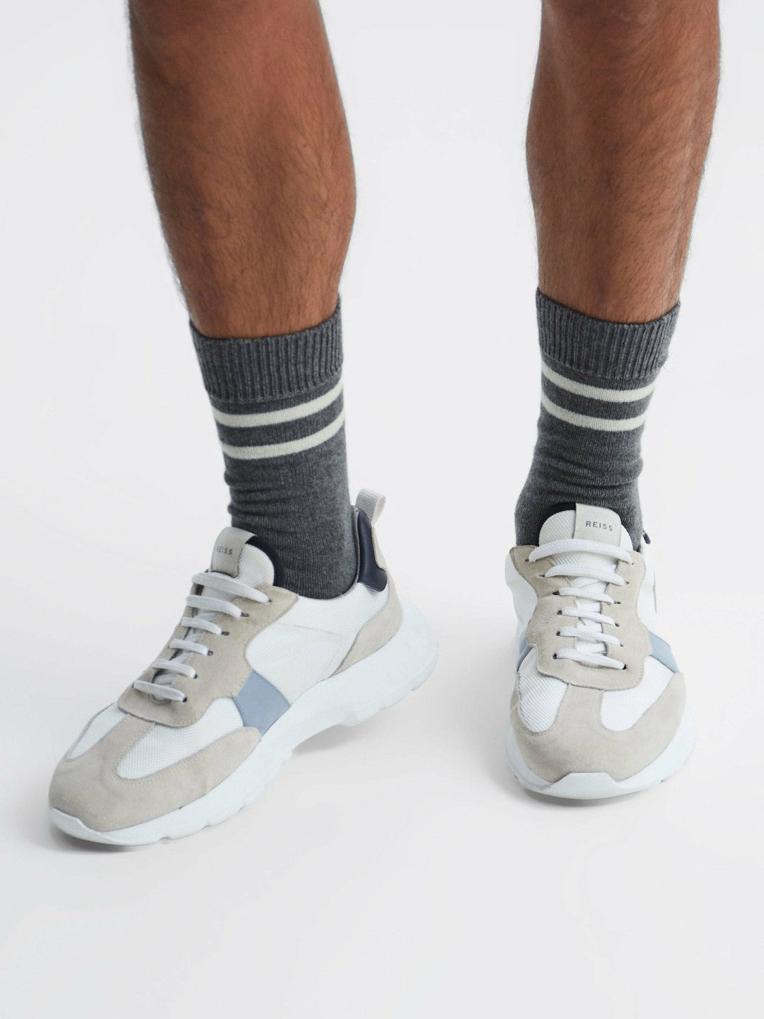 Men Wool Blend Striped Crew Socks in Grey Melange