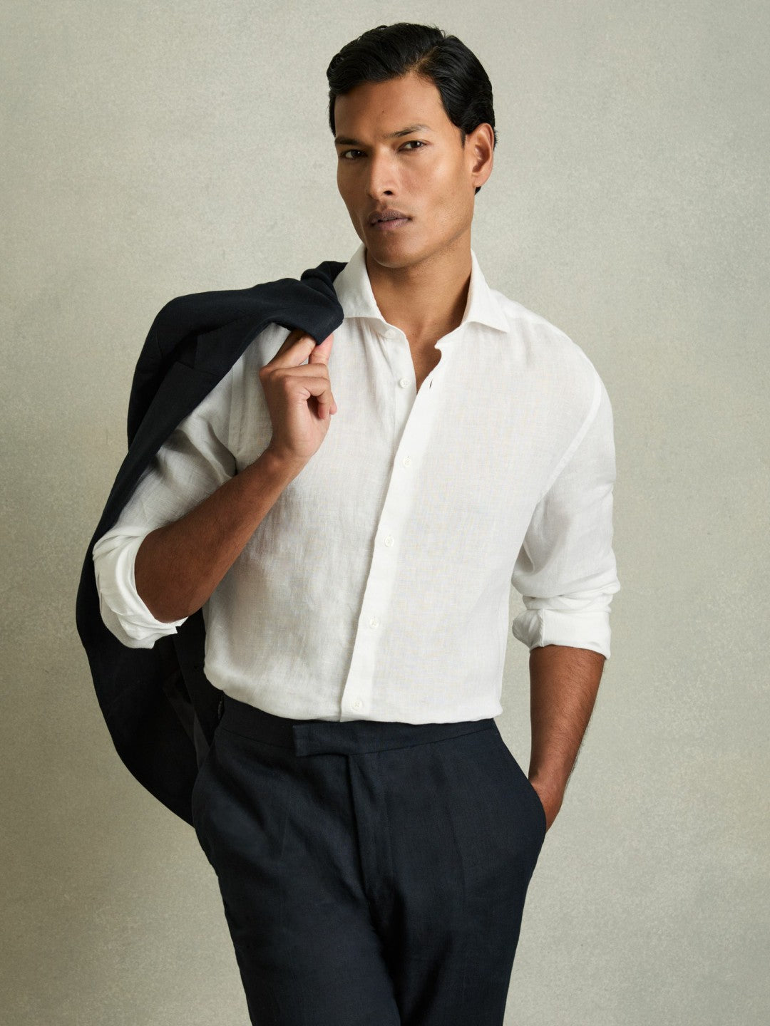 Men Linen Button-Through Shirt in White
