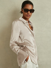 Women Silk Double-Cuff Button-Through Shirt in Champagne
