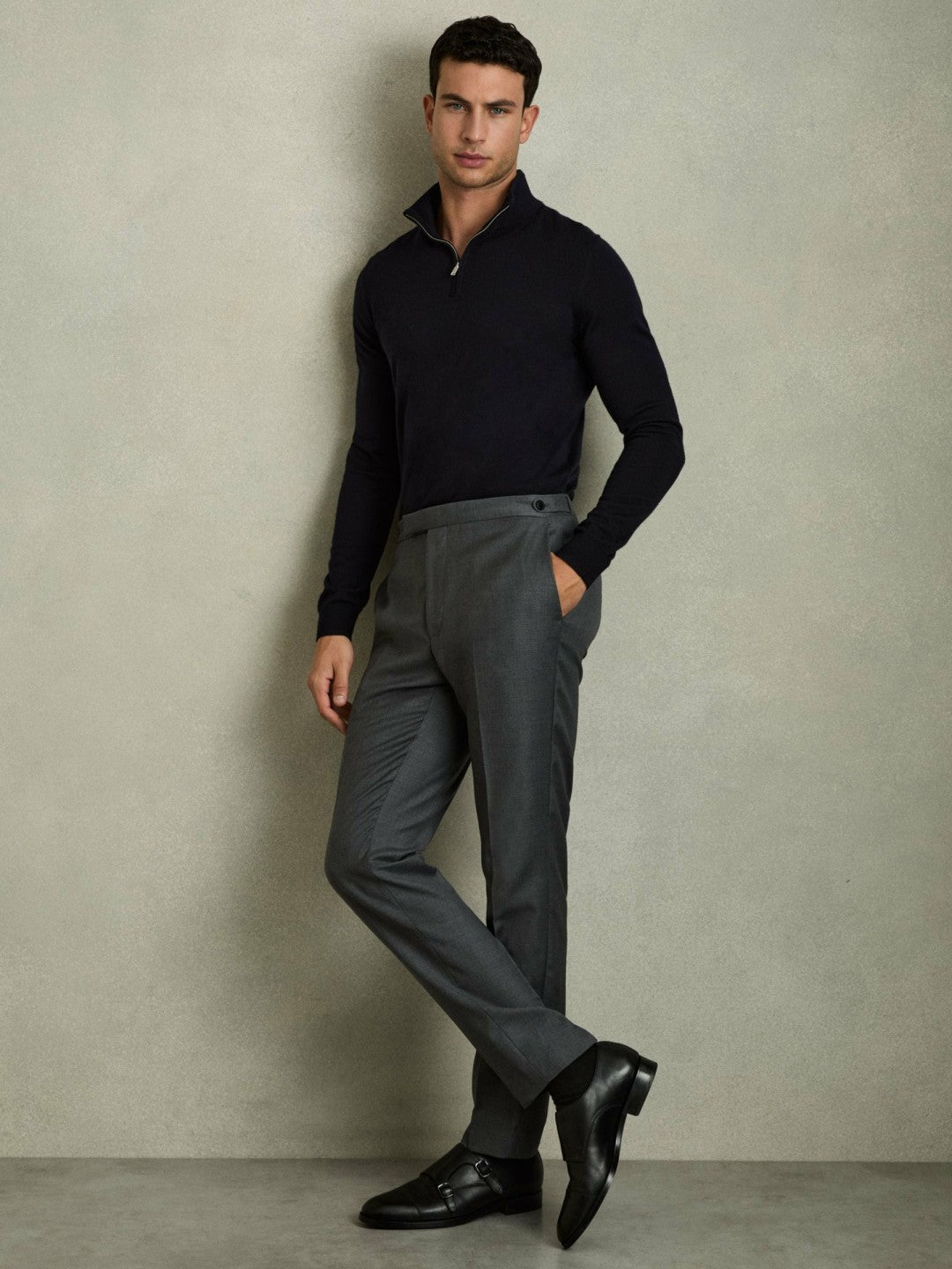 Men Merino Wool Half-Zip Jumper in Navy