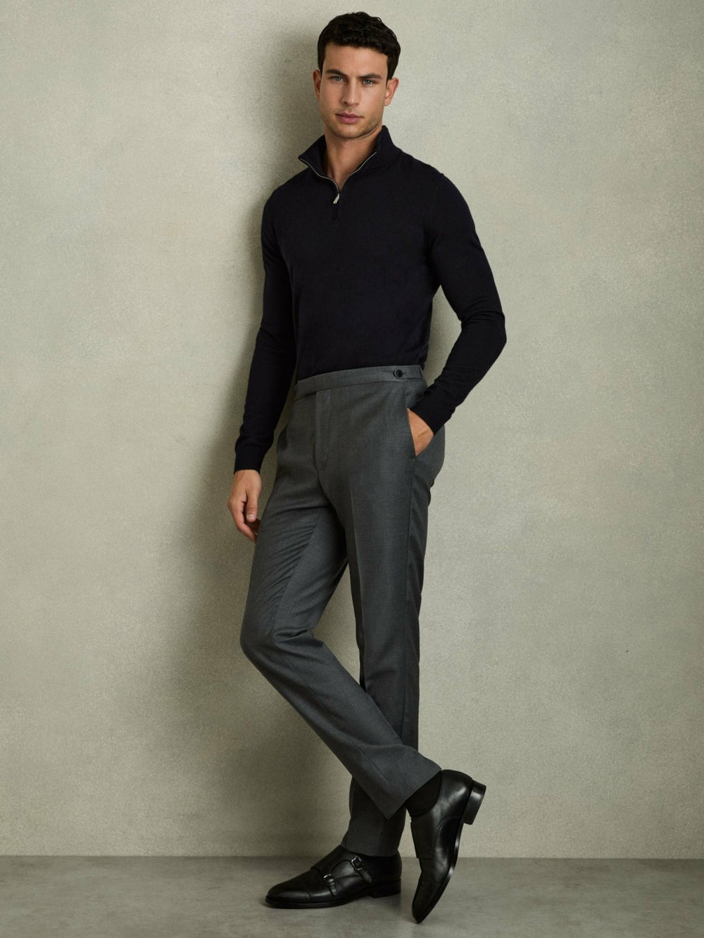 Men Merino Wool Half-Zip Jumper in Navy