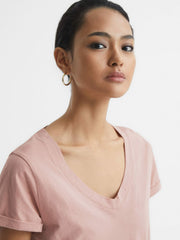 Women Cotton-Jersey V-Neck T-Shirt in Light Pink