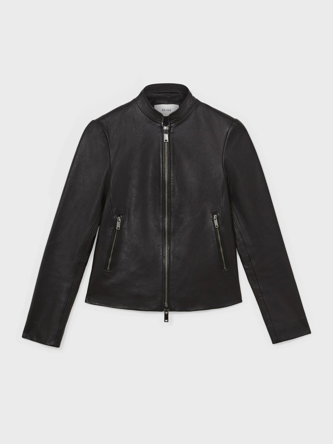 Women Leather Collarless Biker Jacket in Black