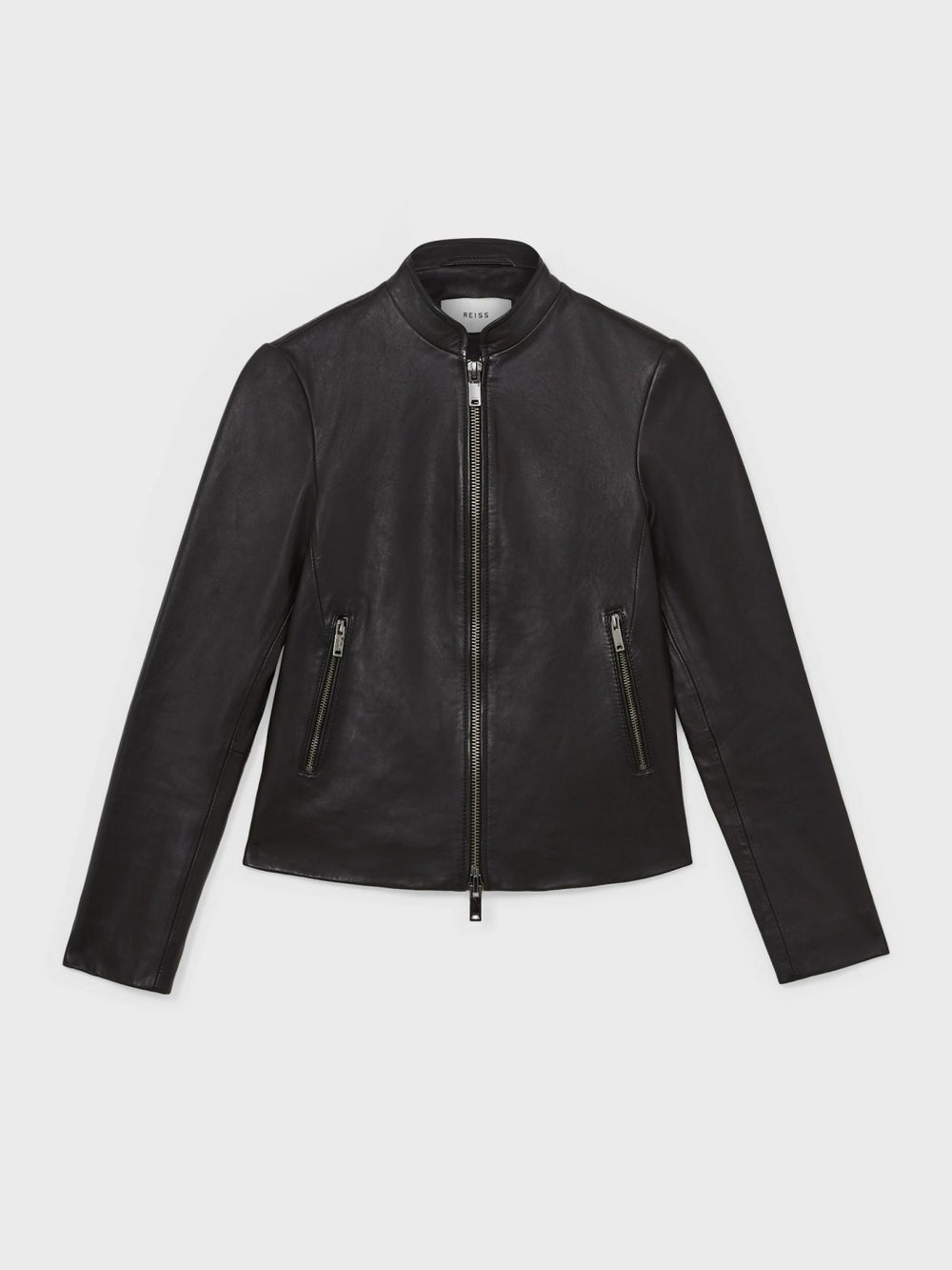 Women Leather Collarless Biker Jacket in Black