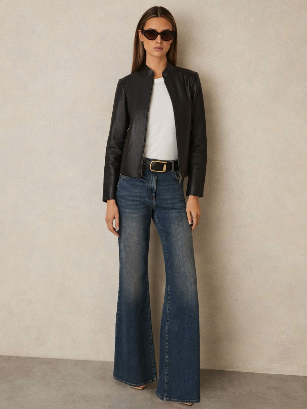 Women Leather Collarless Biker Jacket in Black