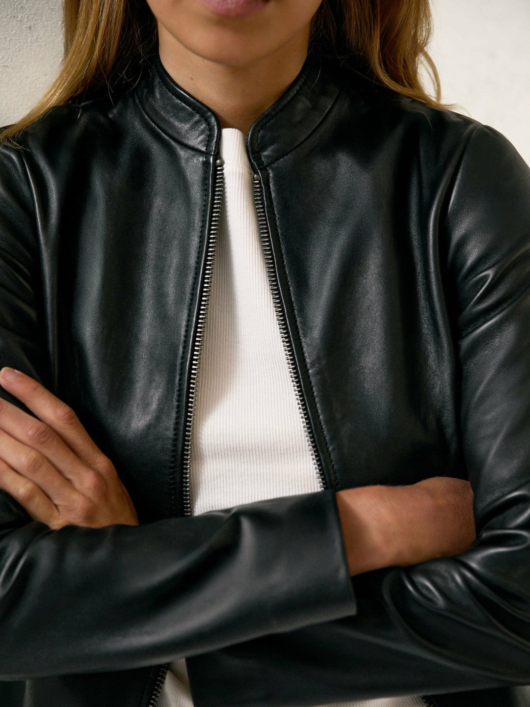Women Leather Collarless Biker Jacket in Black