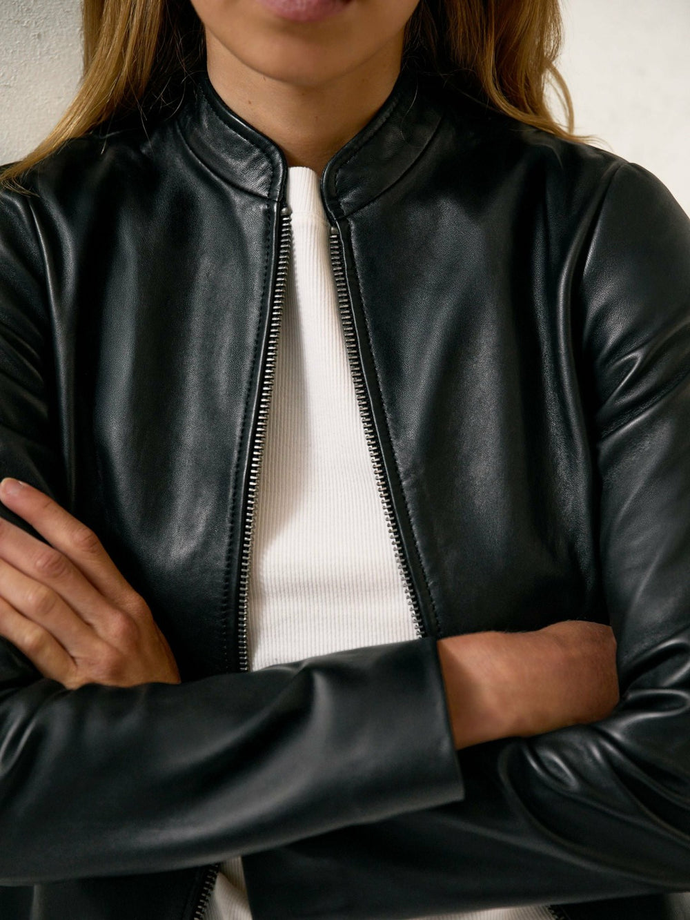 Women Leather Collarless Biker Jacket in Black