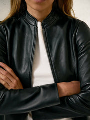 Women Leather Collarless Biker Jacket in Black