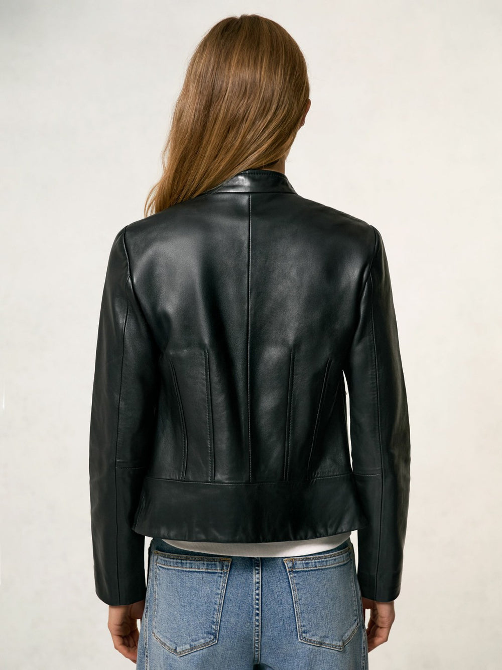 Women Leather Collarless Biker Jacket in Black