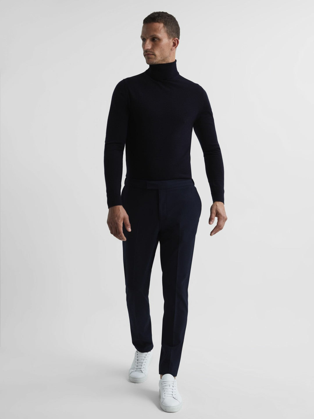 Men Slim Fit Merino Wool Roll Neck Jumper in Navy