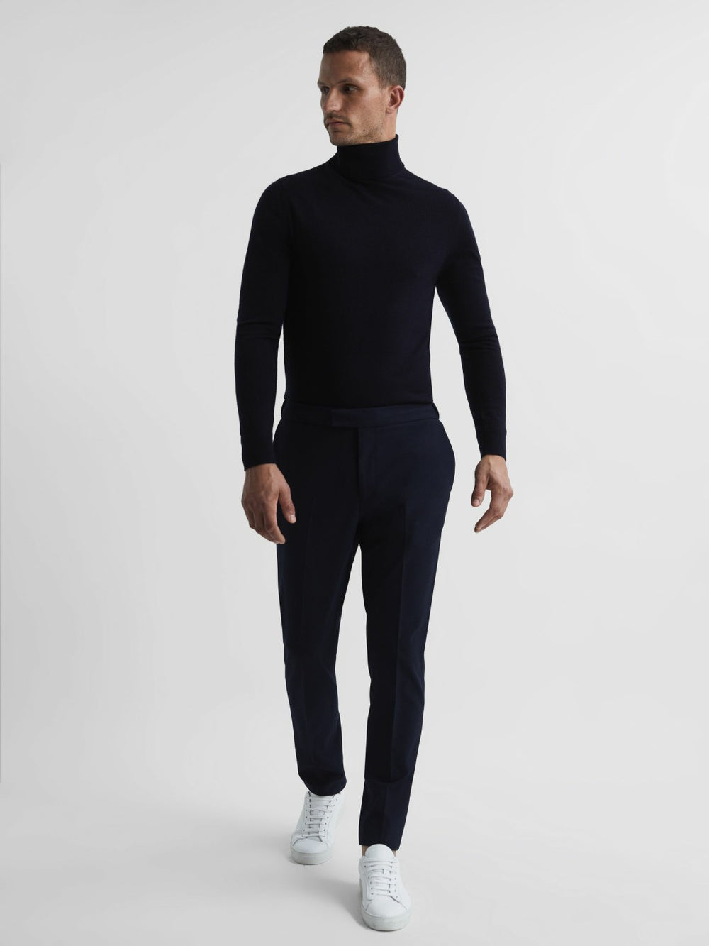 Men Slim Fit Merino Wool Roll Neck Jumper in Navy