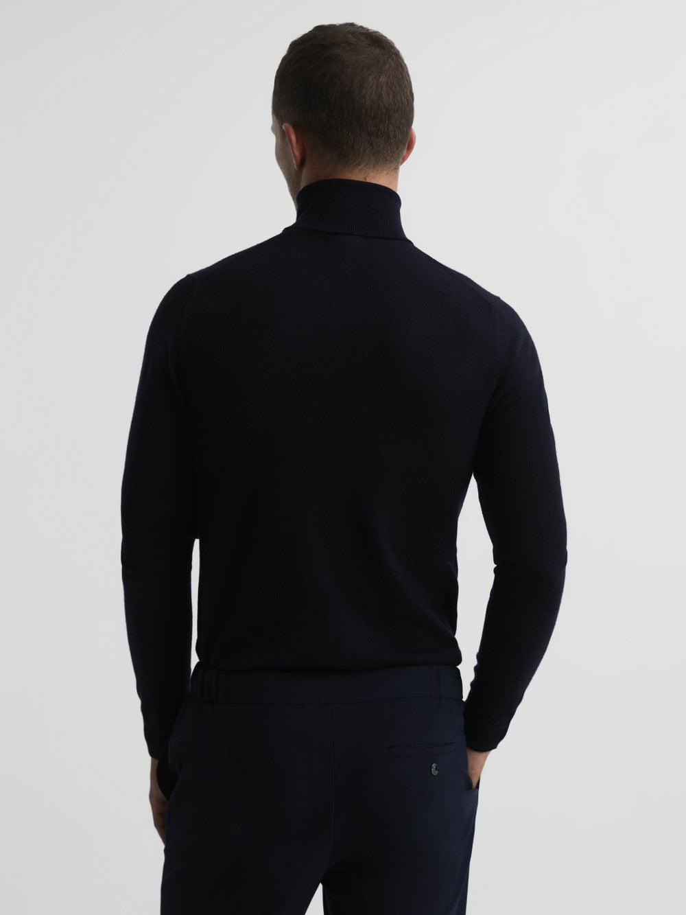 Men Slim Fit Merino Wool Roll Neck Jumper in Navy