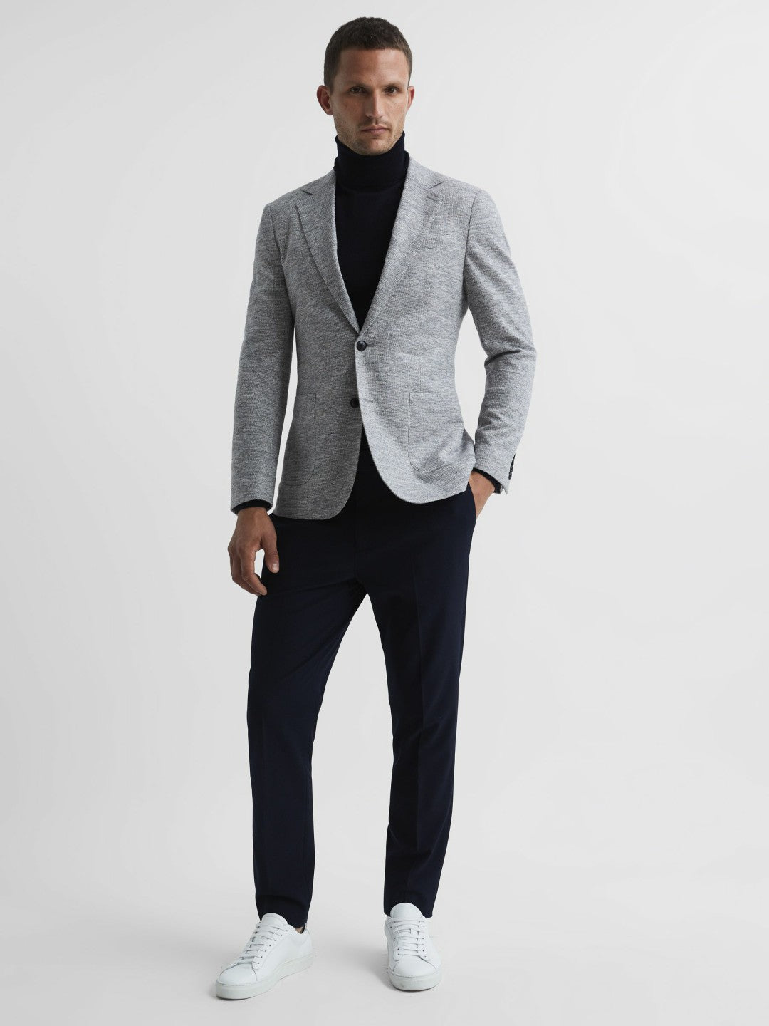 Men Slim Fit Merino Wool Roll Neck Jumper in Navy
