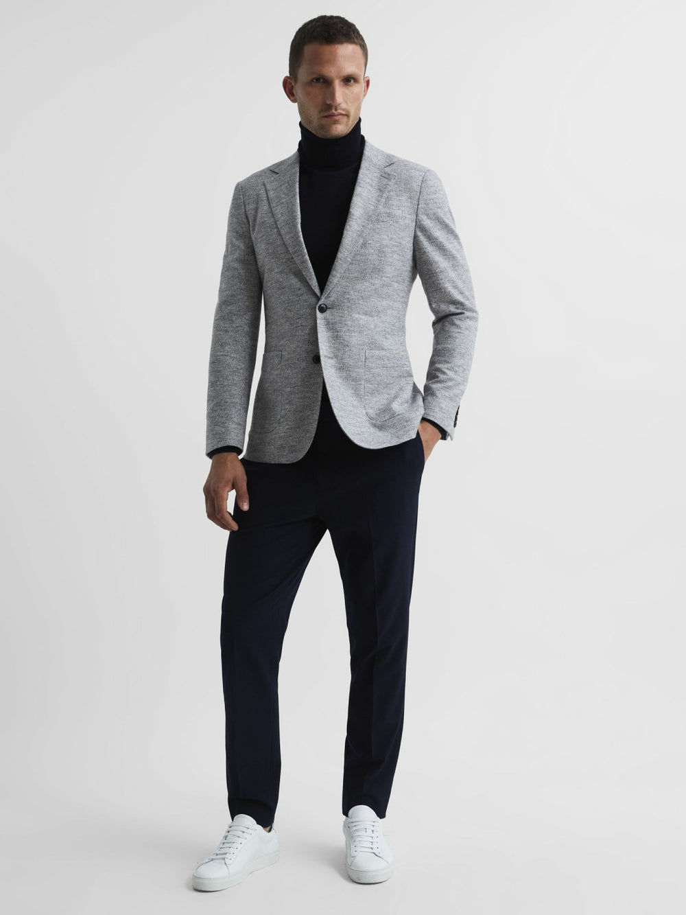 Men Slim Fit Merino Wool Roll Neck Jumper in Navy